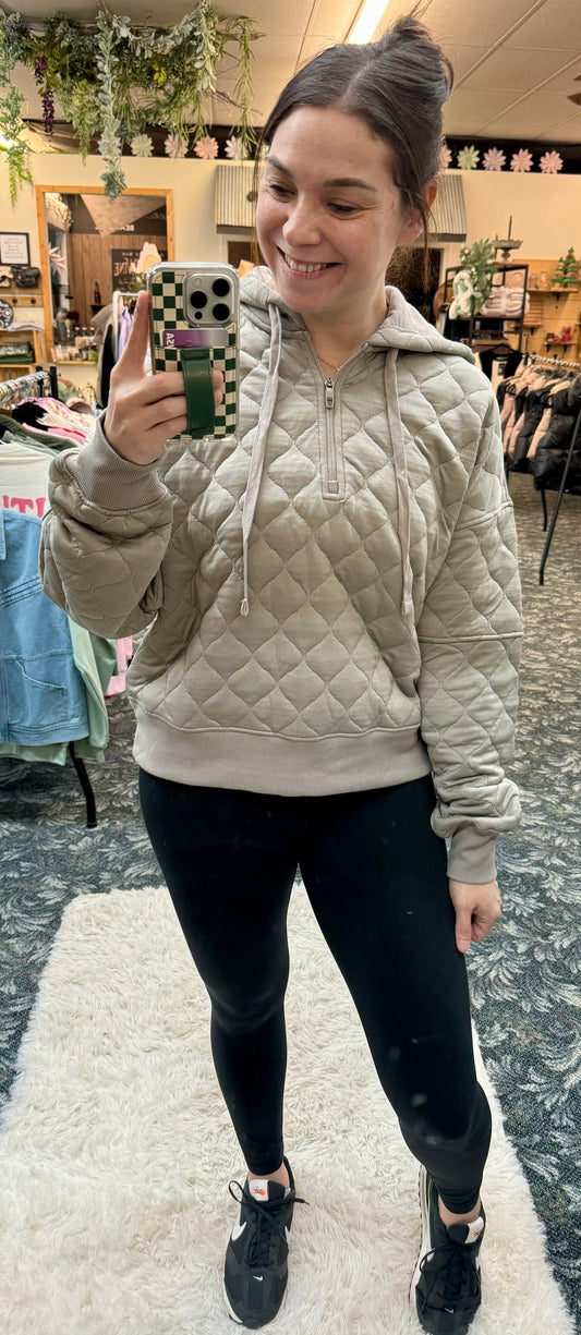 Quarter Zip Quilted Hoodie (Stone Taupe)